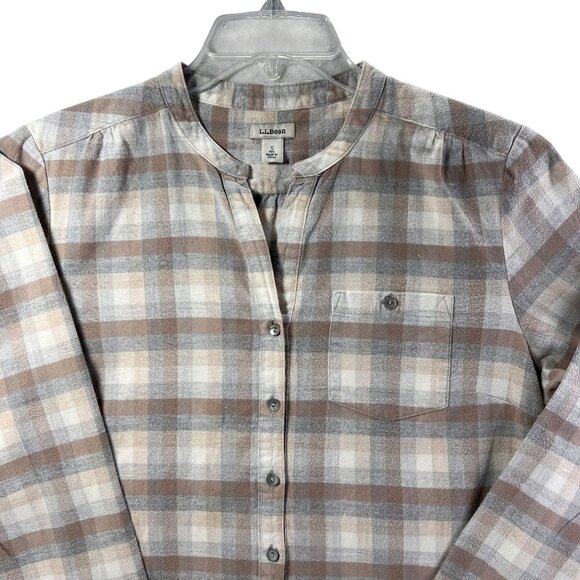 LL Bean Womens Small Plaid Flannel Button Up Shirt Band Collar Soft Beige Brown - Picture 3 of 12